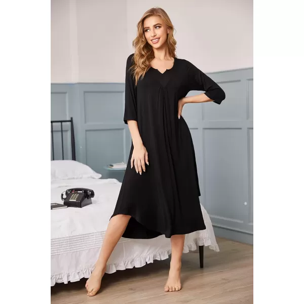 Ekouaer Long Nightgown for Women 34 Sleeves Nightshirt Maxi Sleep Dress Plus Size Loungewear Full Length SleepwearBlack