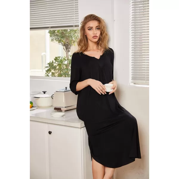 Ekouaer Long Nightgown for Women 34 Sleeves Nightshirt Maxi Sleep Dress Plus Size Loungewear Full Length SleepwearBlack