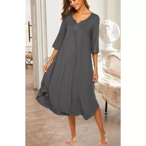 Ekouaer Long Nightgown for Women 34 Sleeves Nightshirt Maxi Sleep Dress Plus Size Loungewear Full Length SleepwearCharcoal Grey