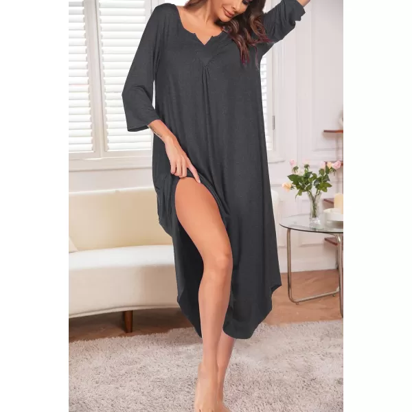 Ekouaer Long Nightgown for Women 34 Sleeves Nightshirt Maxi Sleep Dress Plus Size Loungewear Full Length SleepwearDark Grey