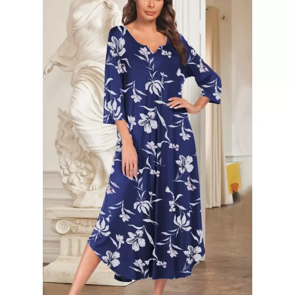 Ekouaer Long Nightgown for Women 34 Sleeves Nightshirt Maxi Sleep Dress Plus Size Loungewear Full Length SleepwearPat1