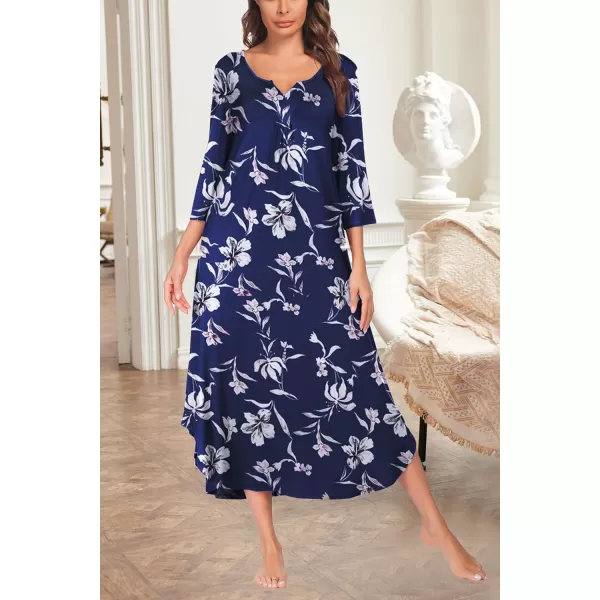 Ekouaer Long Nightgown for Women 34 Sleeves Nightshirt Maxi Sleep Dress Plus Size Loungewear Full Length SleepwearPat1