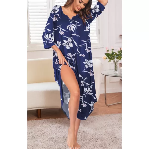 Ekouaer Long Nightgown for Women 34 Sleeves Nightshirt Maxi Sleep Dress Plus Size Loungewear Full Length SleepwearPat1