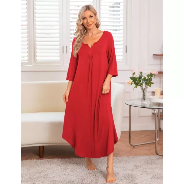 Ekouaer Long Nightgown for Women 34 Sleeves Nightshirt Maxi Sleep Dress Plus Size Loungewear Full Length SleepwearPonceau