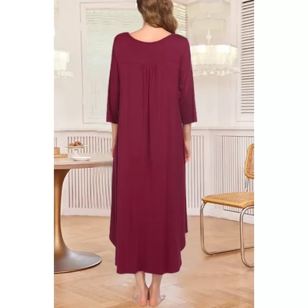 Ekouaer Long Nightgown for Women 34 Sleeves Nightshirt Maxi Sleep Dress Plus Size Loungewear Full Length SleepwearWine Red