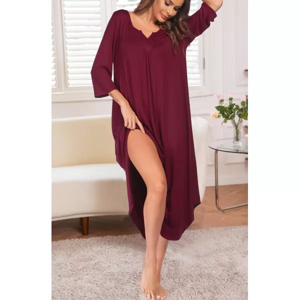 Ekouaer Long Nightgown for Women 34 Sleeves Nightshirt Maxi Sleep Dress Plus Size Loungewear Full Length SleepwearWine Red