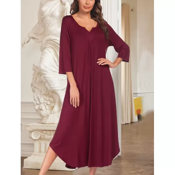 Ekouaer Long Nightgown for Women 34 Sleeves Nightshirt Maxi Sleep Dress Plus Size Loungewear Full Length SleepwearWine Red