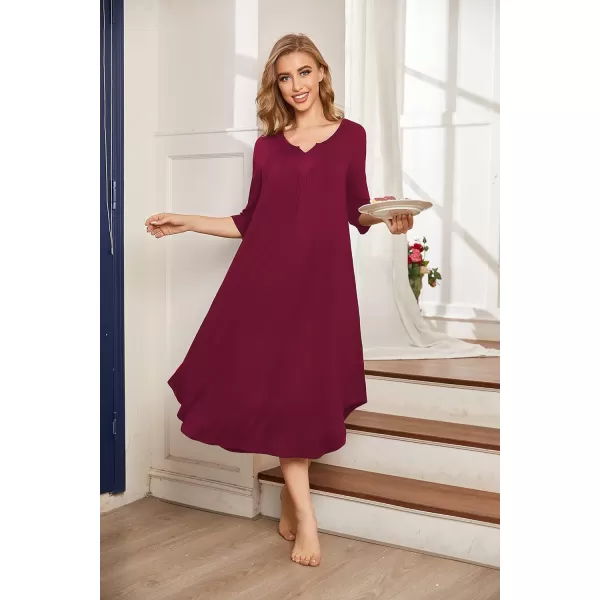 Ekouaer Long Nightgown for Women 34 Sleeves Nightshirt Maxi Sleep Dress Plus Size Loungewear Full Length SleepwearWine Red