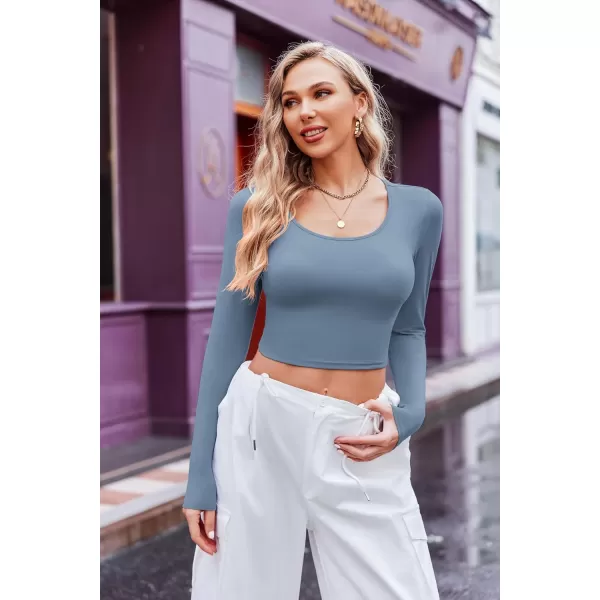 Ekouaer Long Sleeve Crop Tops for Women Scroop Neck Lightweight Basic Base Layer Soft Thermal Undershirts Shirts SXXLBlackHaze Blue