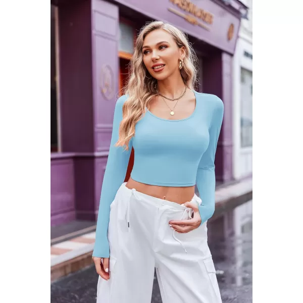 Ekouaer Long Sleeve Crop Tops for Women Scroop Neck Lightweight Basic Base Layer Soft Thermal Undershirts Shirts SXXLBlackLight Blue