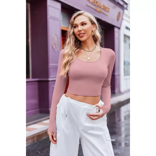 Ekouaer Long Sleeve Crop Tops for Women Scroop Neck Lightweight Basic Base Layer Soft Thermal Undershirts Shirts SXXLDusty Rose