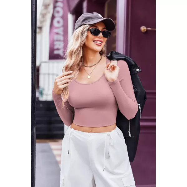 Ekouaer Long Sleeve Crop Tops for Women Scroop Neck Lightweight Basic Base Layer Soft Thermal Undershirts Shirts SXXLDusty Rose