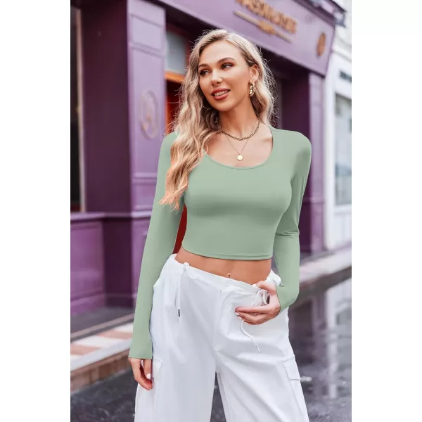 Ekouaer Long Sleeve Crop Tops for Women Scroop Neck Lightweight Basic Base Layer Soft Thermal Undershirts Shirts SXXLGreen