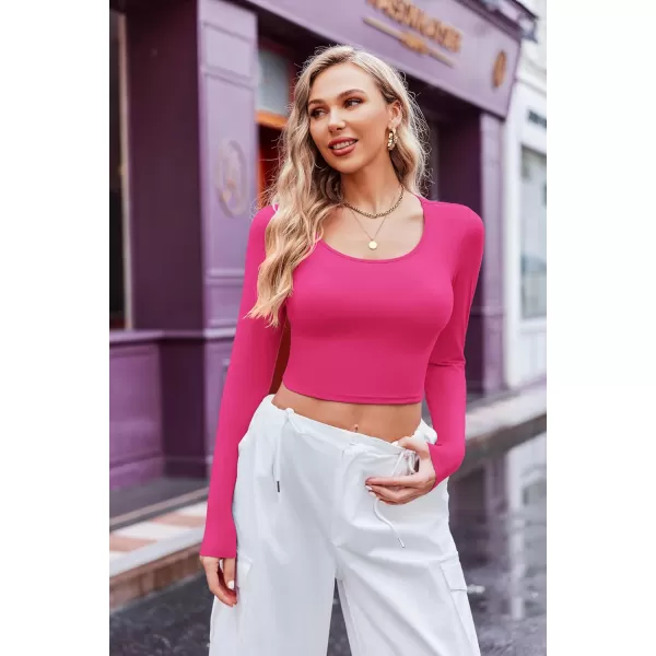 Ekouaer Long Sleeve Crop Tops for Women Scroop Neck Lightweight Basic Base Layer Soft Thermal Undershirts Shirts SXXLHot Pink