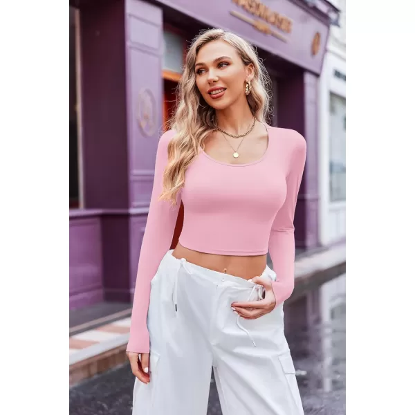 Ekouaer Long Sleeve Crop Tops for Women Scroop Neck Lightweight Basic Base Layer Soft Thermal Undershirts Shirts SXXLWhitePink