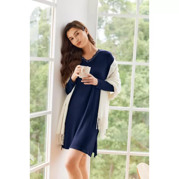 Ekouaer Long Sleeve Nightgowns for Women Sexy Lace Night Shirt V Neck Sleep Shirt Soft SleepwearAnavy Blue