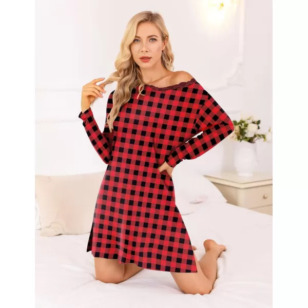 Ekouaer Long Sleeve Nightgowns for Women Sexy Lace Night Shirt V Neck Sleep Shirt Soft SleepwearBred amp Black Plaid