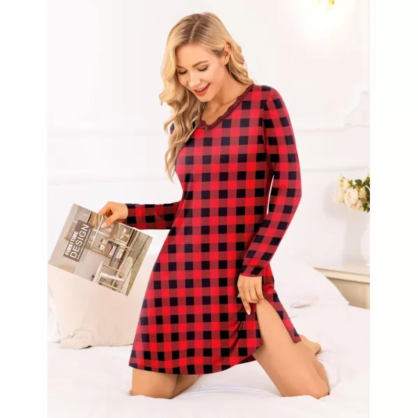 Ekouaer Long Sleeve Nightgowns for Women Sexy Lace Night Shirt V Neck Sleep Shirt Soft SleepwearBred amp Black Plaid