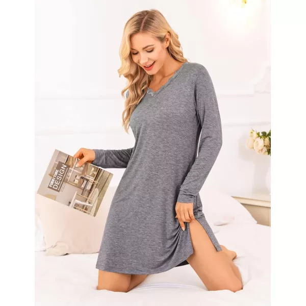 Ekouaer Long Sleeve Nightgowns for Women Sexy Lace Night Shirt V Neck Sleep Shirt Soft SleepwearCdark Grey