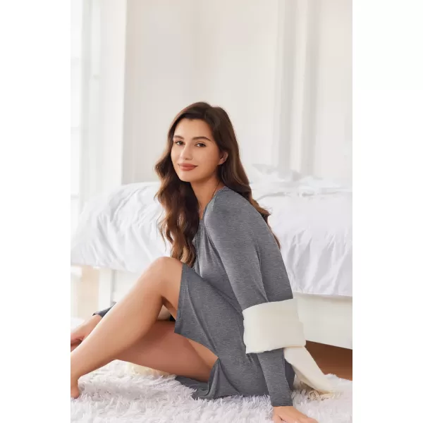 Ekouaer Long Sleeve Nightgowns for Women Sexy Lace Night Shirt V Neck Sleep Shirt Soft SleepwearCdark Grey