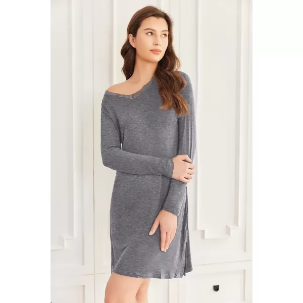 Ekouaer Long Sleeve Nightgowns for Women Sexy Lace Night Shirt V Neck Sleep Shirt Soft SleepwearCdark Grey