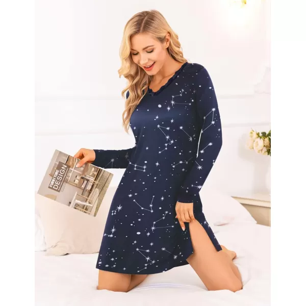 Ekouaer Long Sleeve Nightgowns for Women Sexy Lace Night Shirt V Neck Sleep Shirt Soft SleepwearCstar Print