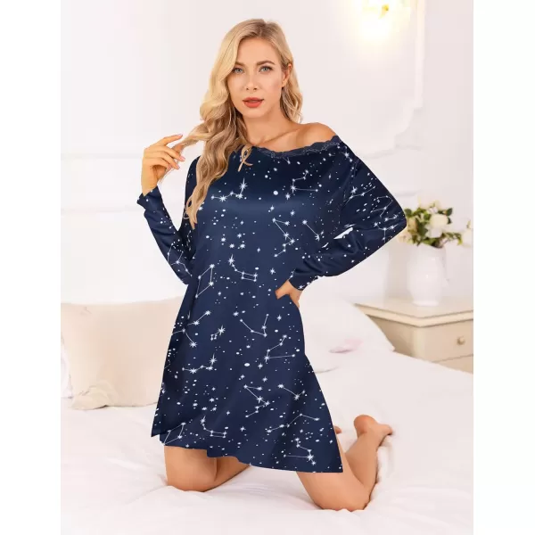 Ekouaer Long Sleeve Nightgowns for Women Sexy Lace Night Shirt V Neck Sleep Shirt Soft SleepwearCstar Print