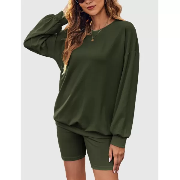 Ekouaer Lounge Set Womens 2 Pieces Outfits Oversized Long Sleeve Sweatshirts Biker Shorts SweatsuitsArmy Green