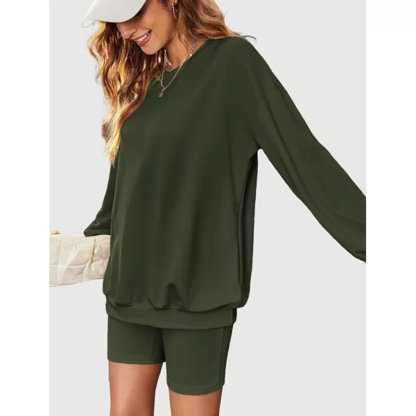 Ekouaer Lounge Set Womens 2 Pieces Outfits Oversized Long Sleeve Sweatshirts Biker Shorts SweatsuitsArmy Green