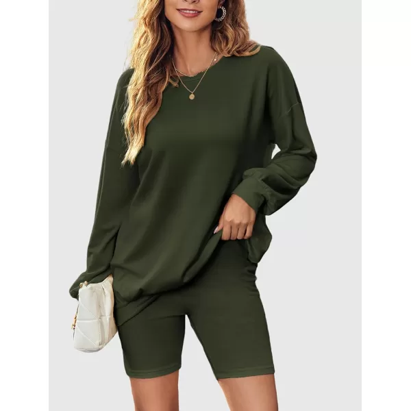 Ekouaer Lounge Set Womens 2 Pieces Outfits Oversized Long Sleeve Sweatshirts Biker Shorts SweatsuitsArmy Green