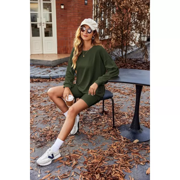 Ekouaer Lounge Set Womens 2 Pieces Outfits Oversized Long Sleeve Sweatshirts Biker Shorts SweatsuitsArmy Green