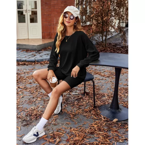 Ekouaer Lounge Set Womens 2 Pieces Outfits Oversized Long Sleeve Sweatshirts Biker Shorts SweatsuitsBlack