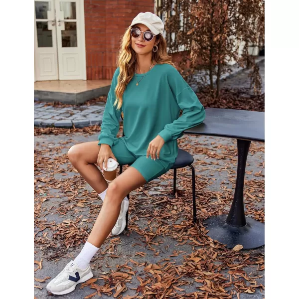 Ekouaer Lounge Set Womens 2 Pieces Outfits Oversized Long Sleeve Sweatshirts Biker Shorts SweatsuitsBlue