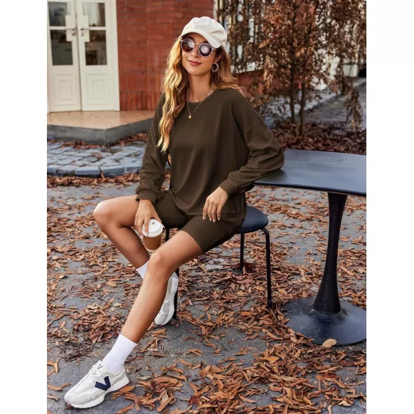 Ekouaer Lounge Set Womens 2 Pieces Outfits Oversized Long Sleeve Sweatshirts Biker Shorts SweatsuitsBrown