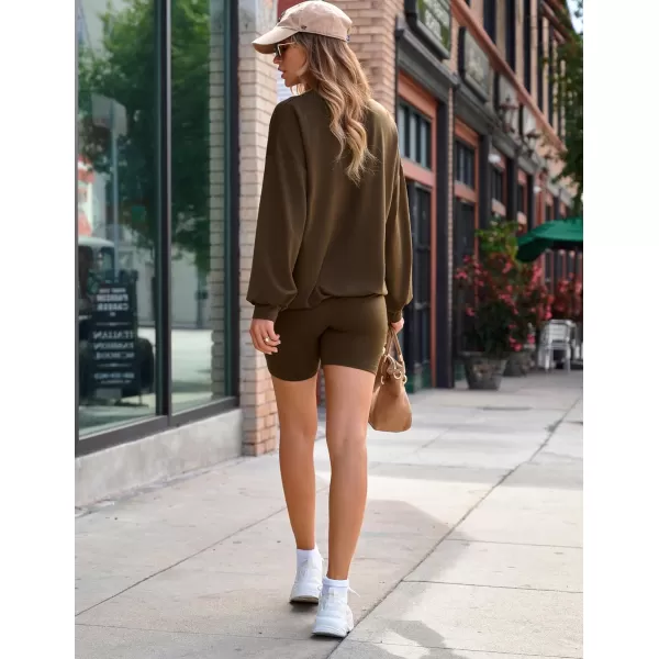 Ekouaer Lounge Set Womens 2 Pieces Outfits Oversized Long Sleeve Sweatshirts Biker Shorts SweatsuitsBrown