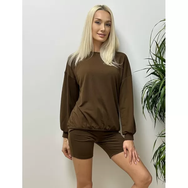 Ekouaer Lounge Set Womens 2 Pieces Outfits Oversized Long Sleeve Sweatshirts Biker Shorts SweatsuitsBrown