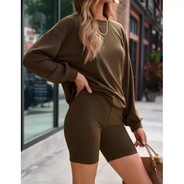 Ekouaer Lounge Set Womens 2 Pieces Outfits Oversized Long Sleeve Sweatshirts Biker Shorts SweatsuitsBrown