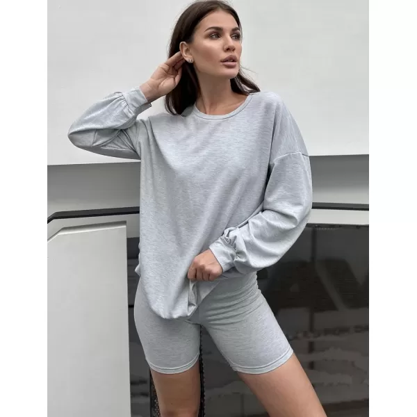Ekouaer Lounge Set Womens 2 Pieces Outfits Oversized Long Sleeve Sweatshirts Biker Shorts SweatsuitsGrey