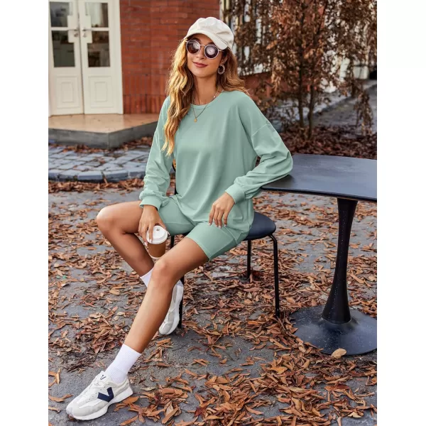 Ekouaer Lounge Set Womens 2 Pieces Outfits Oversized Long Sleeve Sweatshirts Biker Shorts SweatsuitsLight Green