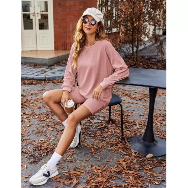 Ekouaer Lounge Set Womens 2 Pieces Outfits Oversized Long Sleeve Sweatshirts Biker Shorts SweatsuitsPink