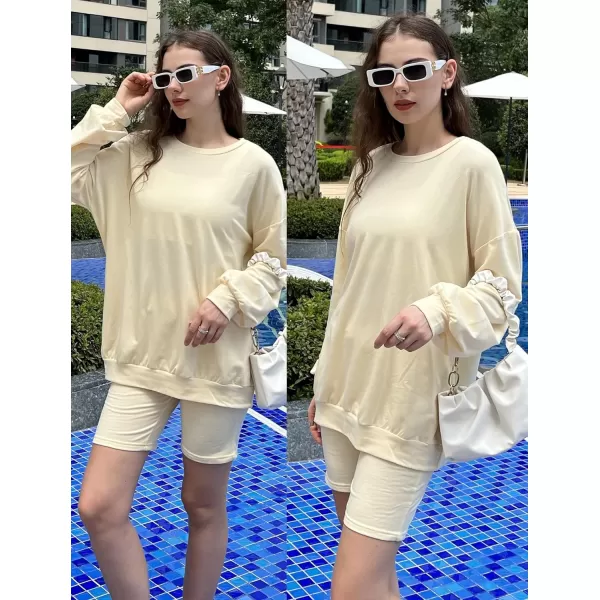 Ekouaer Lounge Set Womens 2 Pieces Outfits Oversized Long Sleeve Sweatshirts Biker Shorts SweatsuitsYellow