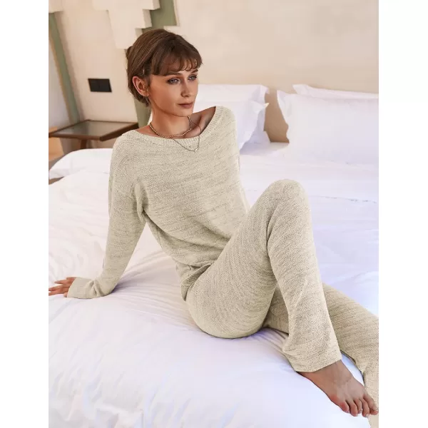 Ekouaer Lounge Sets for Women 2 Piece Knit Sets Cozy Off Shoulder Sweater Outfits Pullover and Wide Leg Pants PajamasApricot