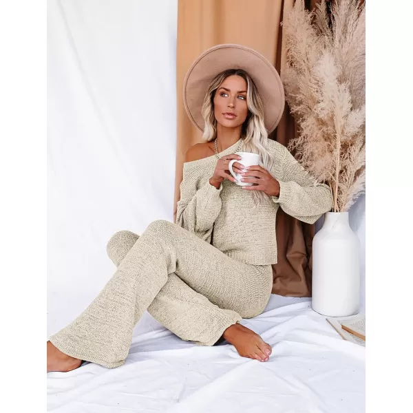 Ekouaer Lounge Sets for Women 2 Piece Knit Sets Cozy Off Shoulder Sweater Outfits Pullover and Wide Leg Pants PajamasApricot