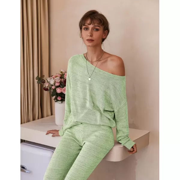 Ekouaer Lounge Sets for Women 2 Piece Knit Sets Cozy Off Shoulder Sweater Outfits Pullover and Wide Leg Pants PajamasGreen