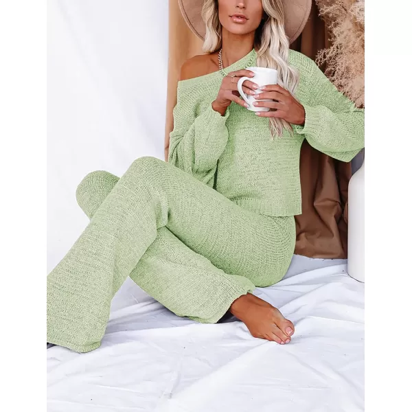 Ekouaer Lounge Sets for Women 2 Piece Knit Sets Cozy Off Shoulder Sweater Outfits Pullover and Wide Leg Pants PajamasGreen