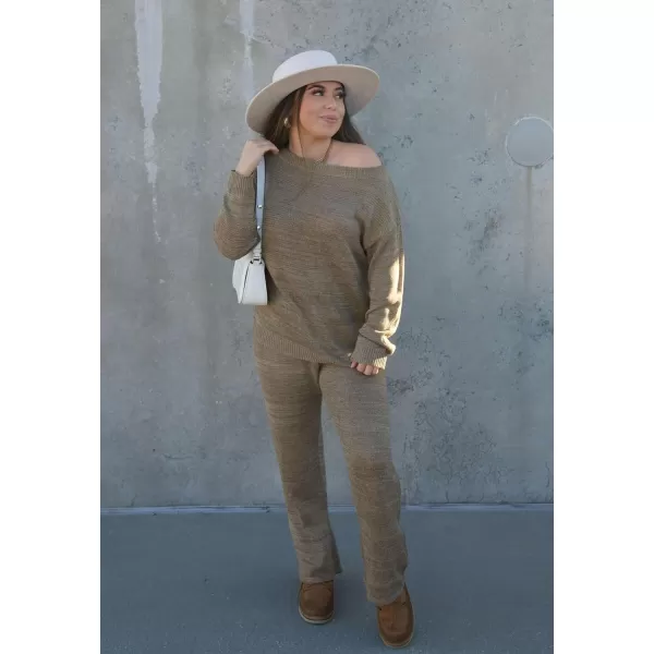 Ekouaer Lounge Sets for Women 2 Piece Knit Sets Cozy Off Shoulder Sweater Outfits Pullover and Wide Leg Pants PajamasKhakia