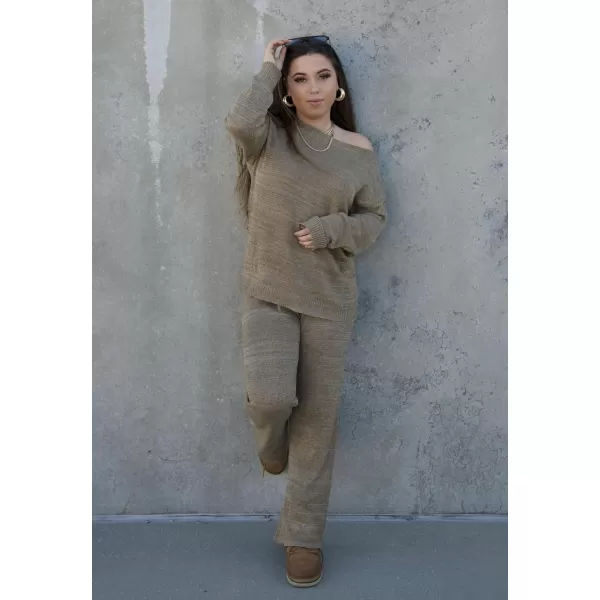 Ekouaer Lounge Sets for Women 2 Piece Knit Sets Cozy Off Shoulder Sweater Outfits Pullover and Wide Leg Pants PajamasKhakia