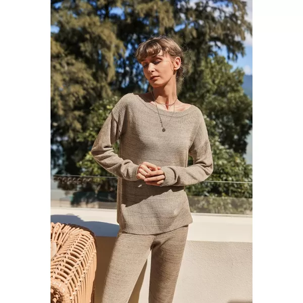 Ekouaer Lounge Sets for Women 2 Piece Knit Sets Cozy Off Shoulder Sweater Outfits Pullover and Wide Leg Pants PajamasKhakia
