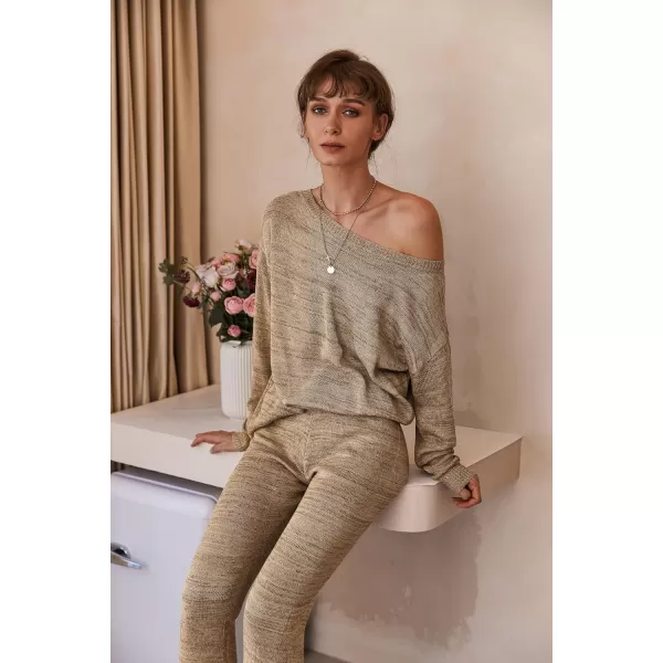 Ekouaer Lounge Sets for Women 2 Piece Knit Sets Cozy Off Shoulder Sweater Outfits Pullover and Wide Leg Pants PajamasKhakia