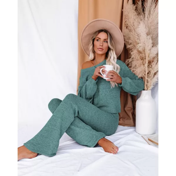 Ekouaer Lounge Sets for Women 2 Piece Knit Sets Cozy Off Shoulder Sweater Outfits Pullover and Wide Leg Pants PajamasLight Blue